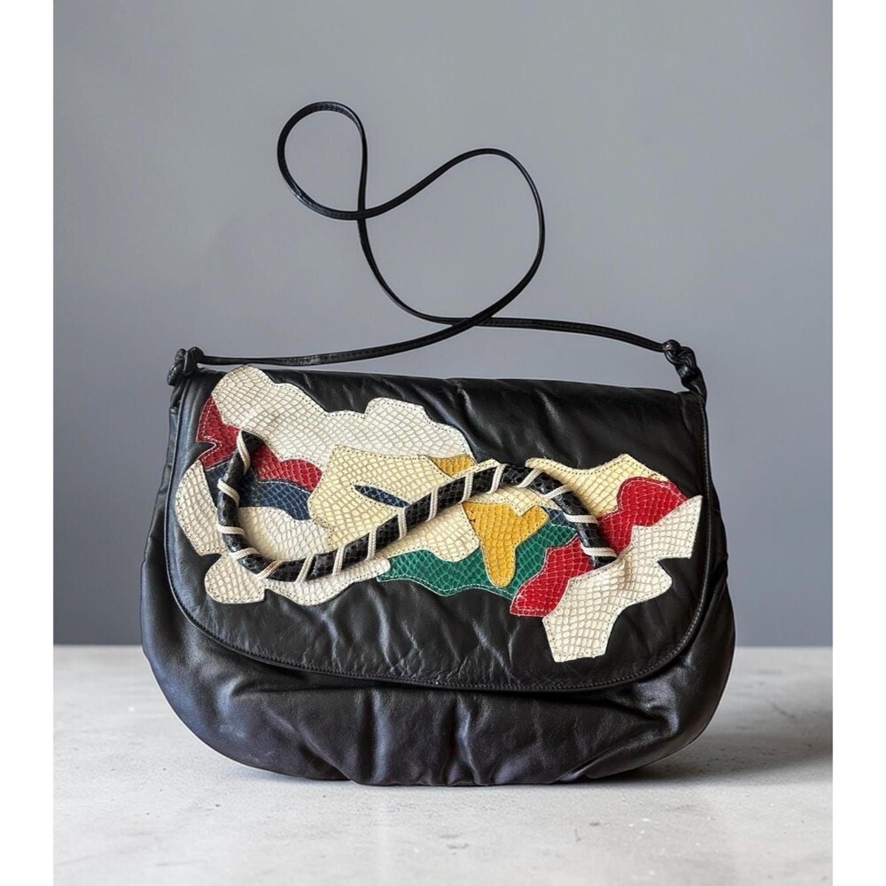 Vintage Leather Bag Statement Abstract Multi Color Shoulder Crossbody Purse